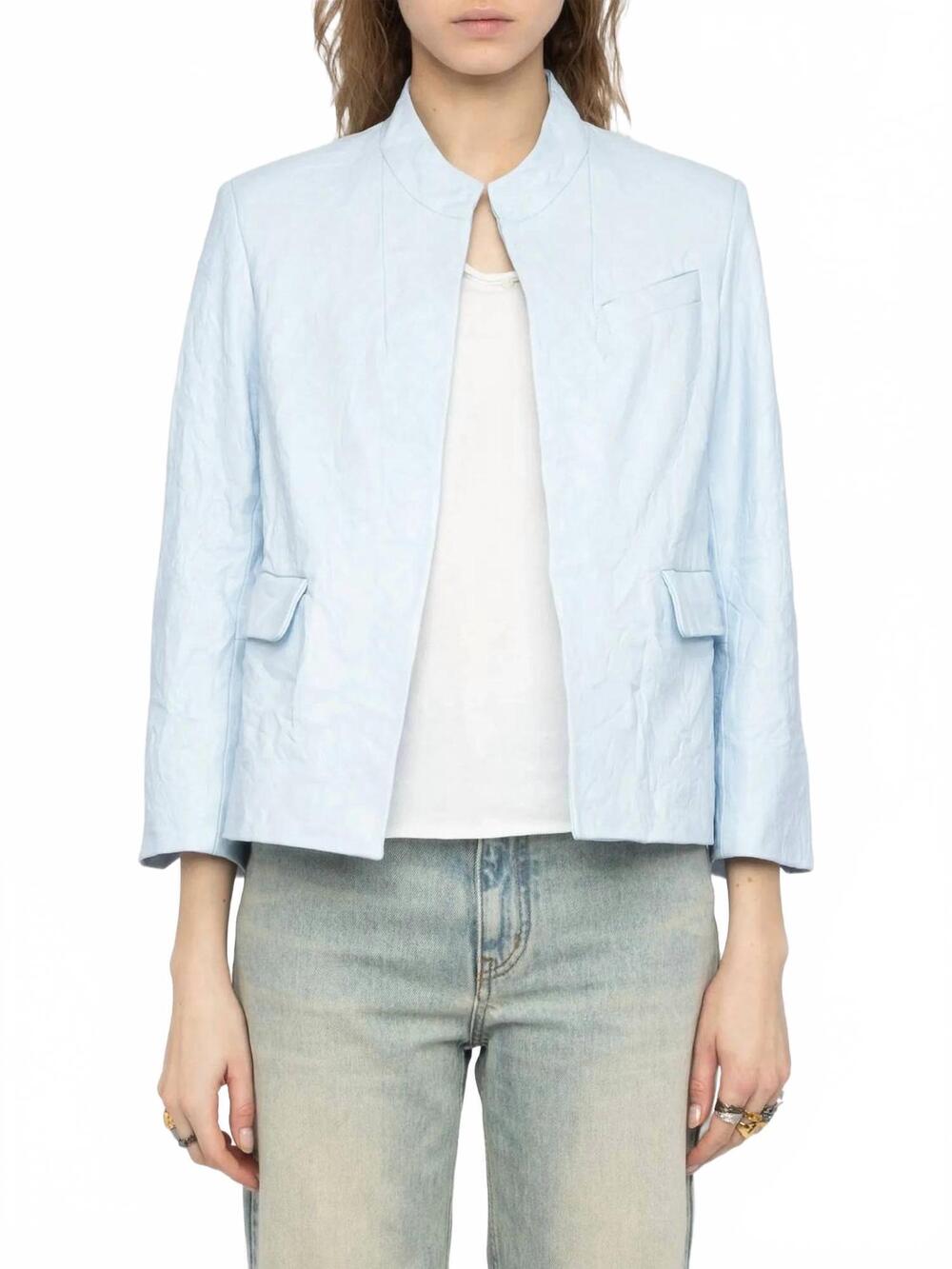 NEW ZADIG & VOLTAIRE veryn crinkled leather jacket in baby blue